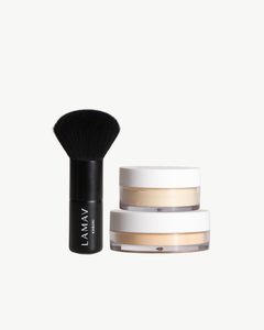 Teen Makeup Starter Kit by LAMAV — mineral foundation, mattifying powder and brush on white | gentle organic makeup