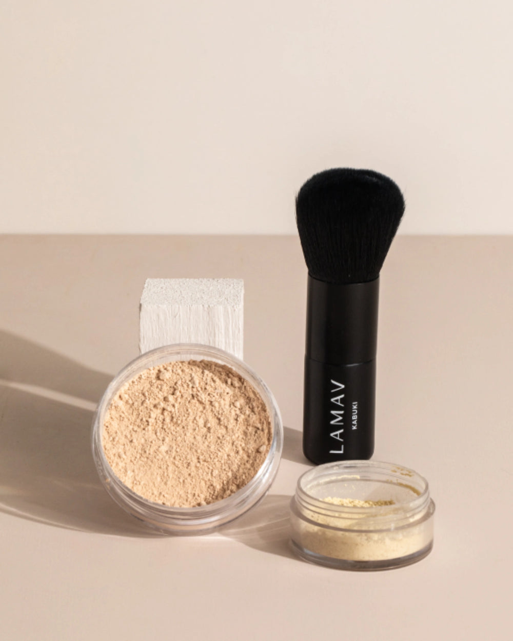 Teen Makeup Starter Kit by LAMAV — mineral foundation, mattifying powder and brush on white | gentle organic makeup