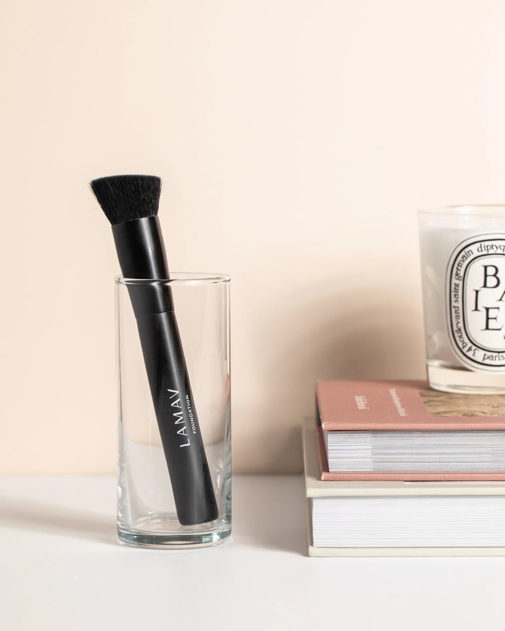 Vegan Foundation Brush by LAMAV — black brush standing upright on white background | cruelty-free makeup tool