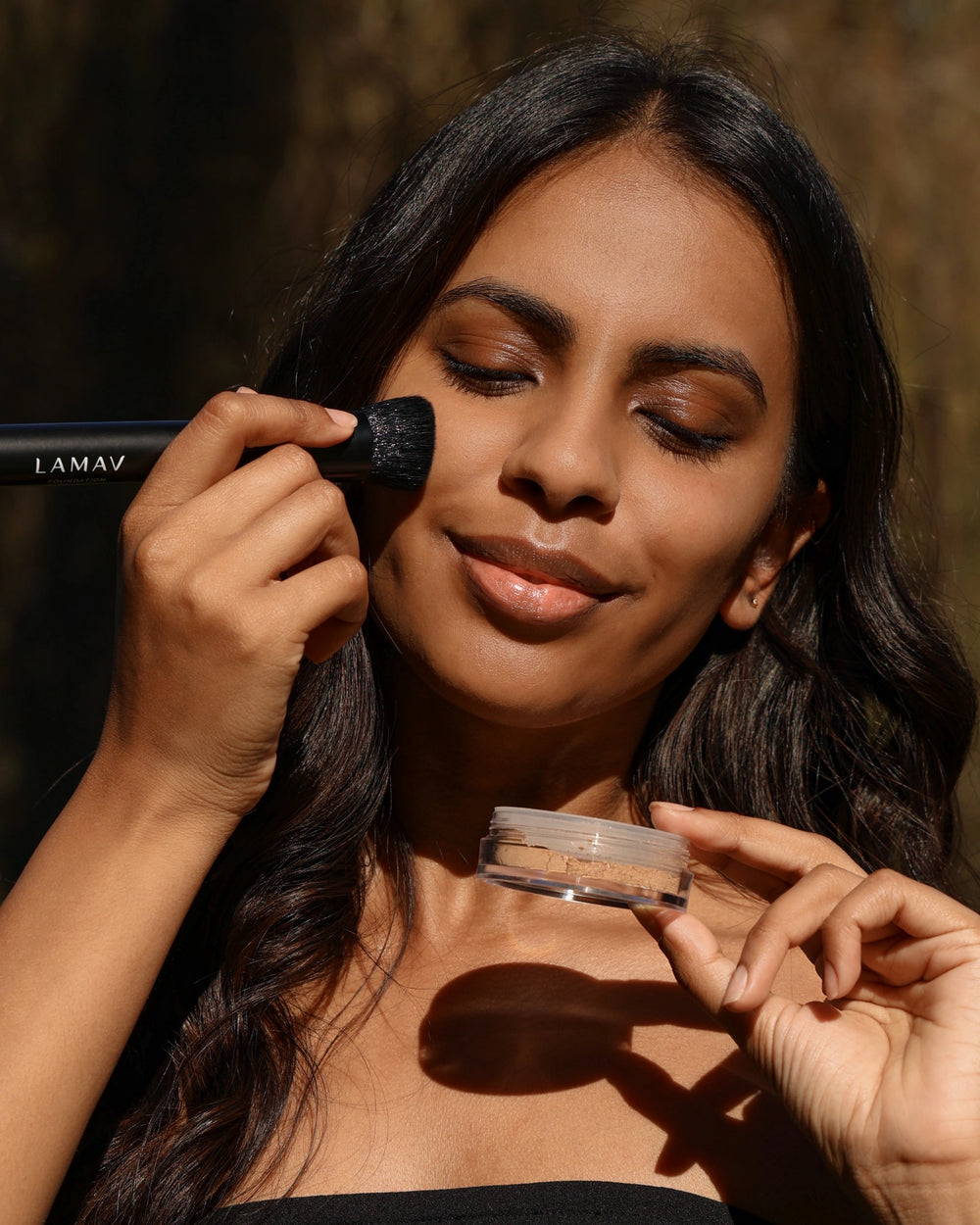 Vegan Foundation Brush by LAMAV — black brush standing upright on white background | cruelty-free makeup tool