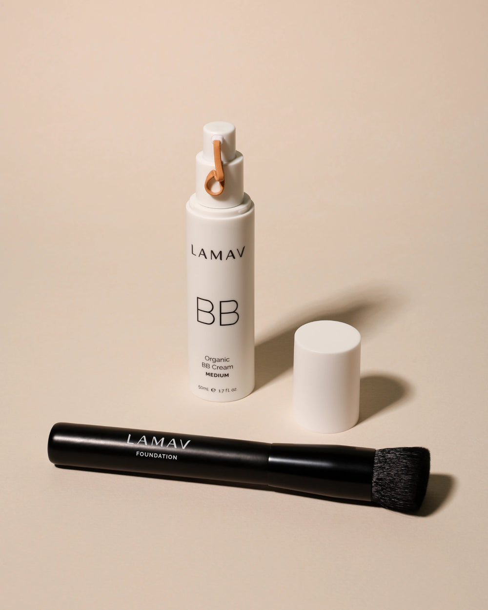 Vegan Foundation Brush by LAMAV — black brush standing upright on white background | cruelty-free makeup tool