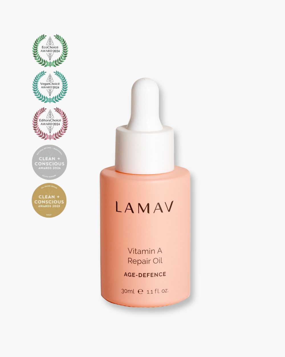 Vitamin A Repair Oil by LAMAV — bottle next to multiple beauty award seals | award-winning organic skincare