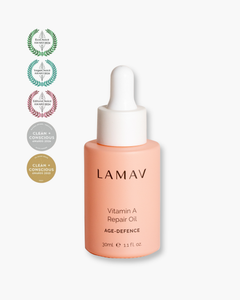 Vitamin A Repair Oil by LAMAV — bottle next to multiple beauty award seals | award-winning organic skincare