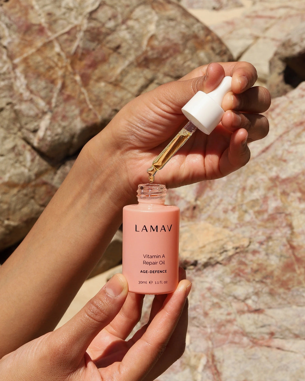 Vitamin A Repair Oil by LAMAV — bottle next to multiple beauty award seals | award-winning organic skincare