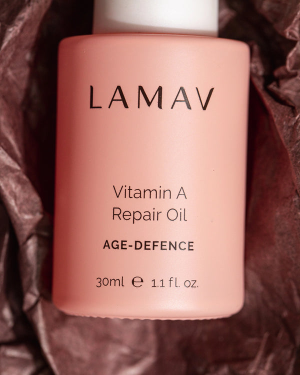 Vitamin A Repair Oil by LAMAV — close up of the bottle label details | natural retinol alternative