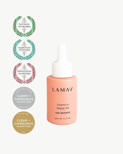 Vitamin A Repair Oil by LAMAV — bottle next to multiple beauty award seals | award-winning organic skincare