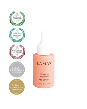 Vitamin A Repair Oil by LAMAV — bottle next to multiple beauty award seals | award-winning organic skincare