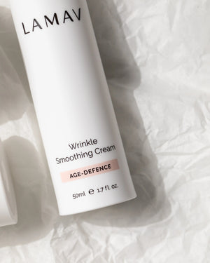 Wrinkle Smoothing Cream by LAMAV — close up of the bottle label details | organic anti-aging face treatment