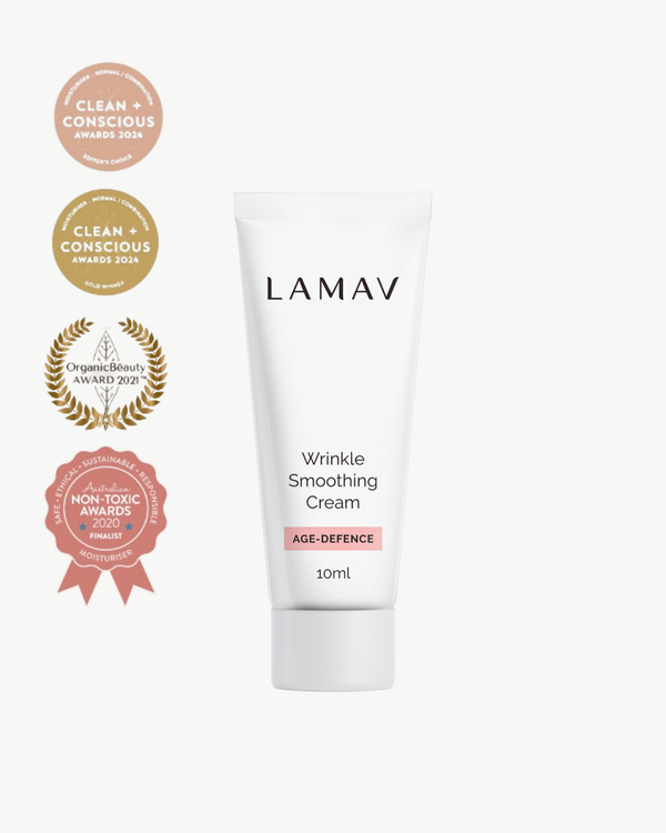 Wrinkle Smoothing Cream by LAMAV — product tube next to clean beauty award seals | award-winning organic moisturizer