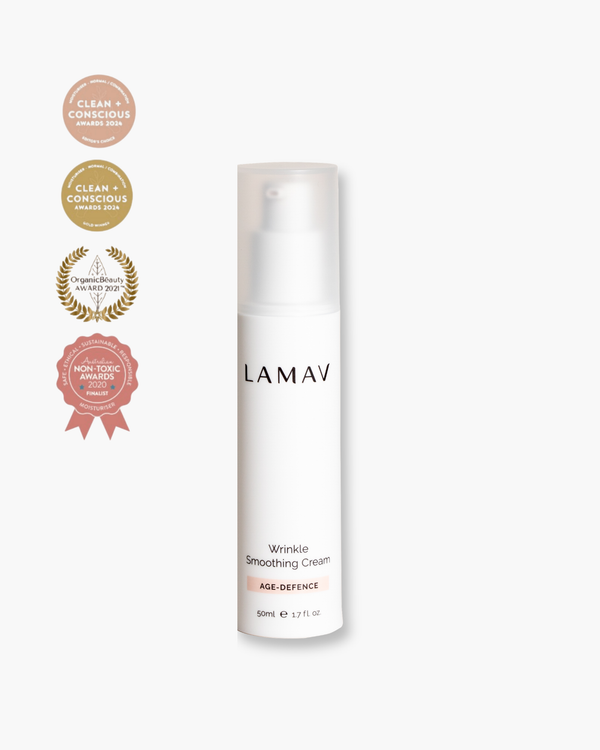 Wrinkle Smoothing Cream by LAMAV — 50ml pump bottle with award badges | organic age-defence moisturizer
