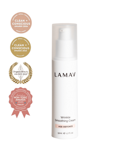 Wrinkle Smoothing Cream by LAMAV — 50ml pump bottle with award badges | organic age-defence moisturizer