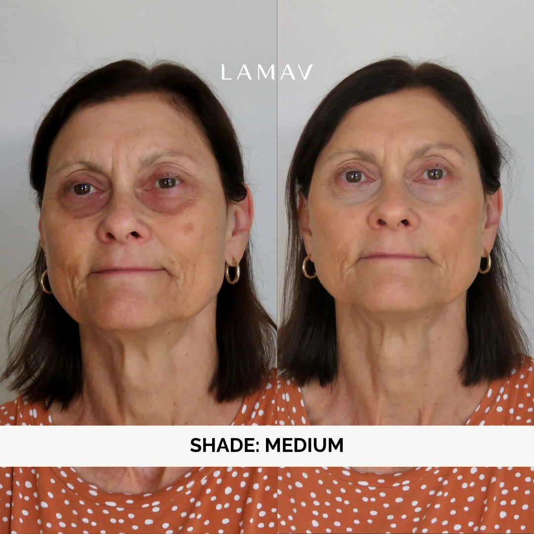 Before and after LAMAV Organic BB Cream in Medium on a mature woman with dark hair, showing under-eye shadows and redness evened to a smooth, natural finish
