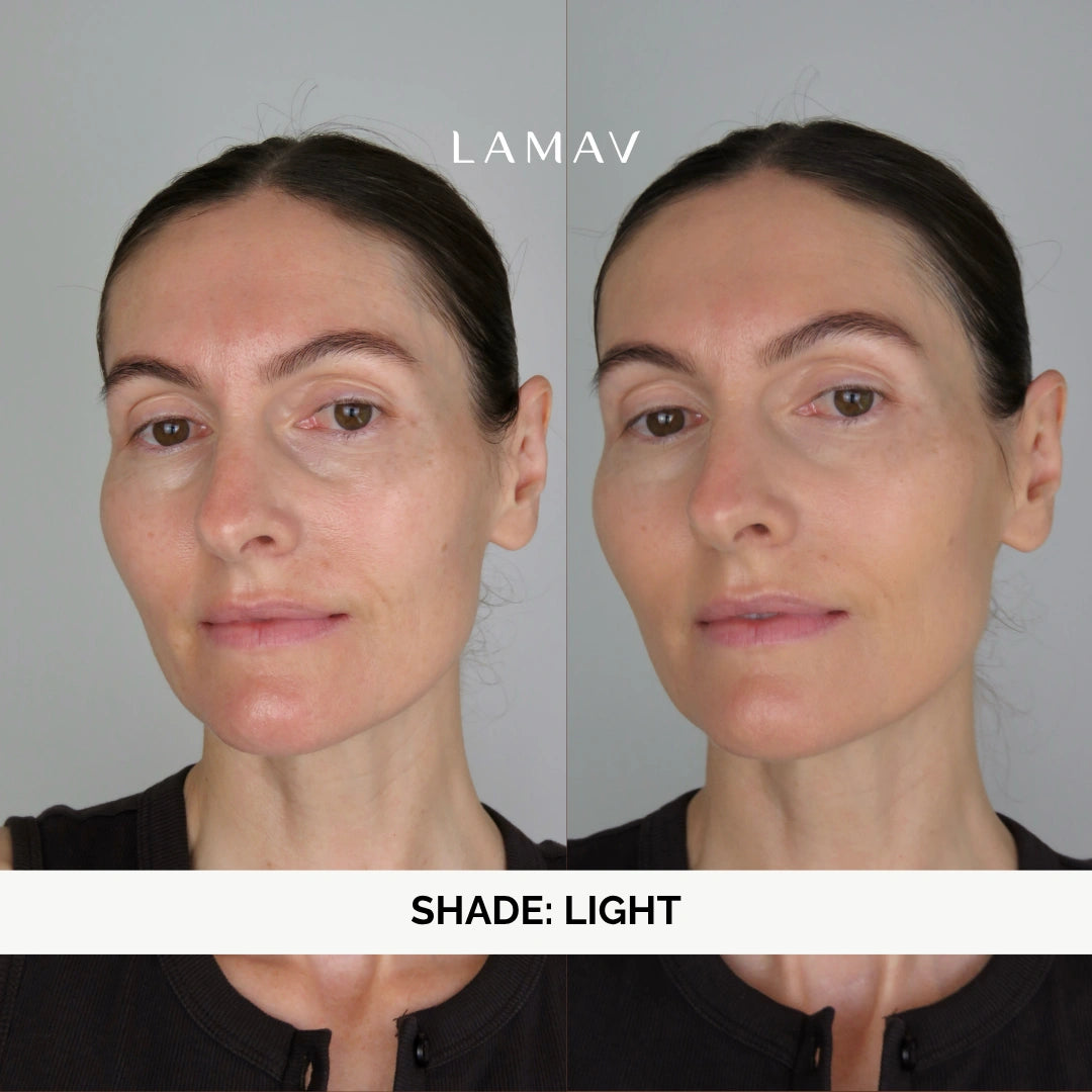 Before and after LAMAV Organic BB Cream in Light on a fair-skinned woman with dark hair, three-quarter angle showing a lightweight, semi-matte, even finish