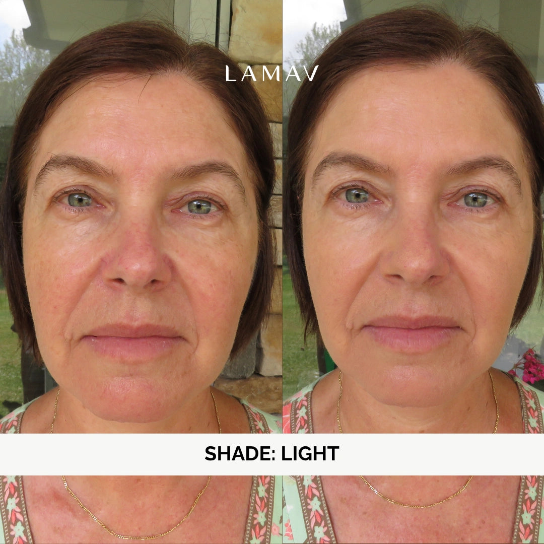 Before and after LAMAV Organic BB Cream in Light on a woman with green eyes, with cheek redness and uneven tone visibly softened outdoors in natural light