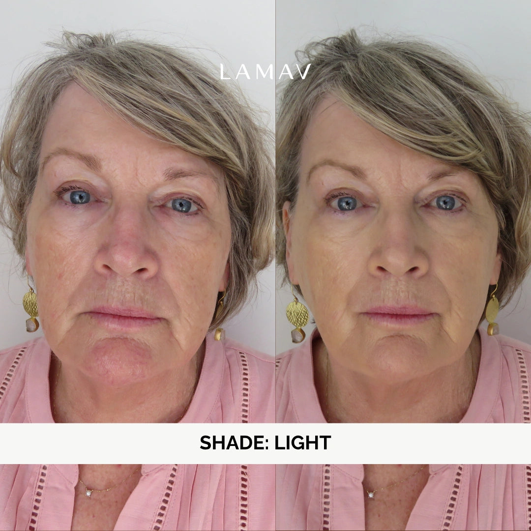 Before and after LAMAV Organic BB Cream in Light on a woman with green eyes, with cheek redness and uneven tone visibly softened outdoors in natural light