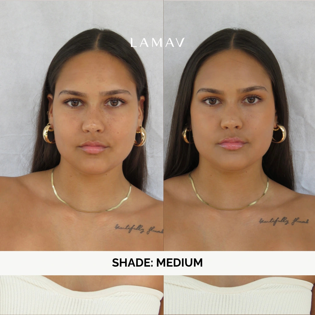 Before and after LAMAV Organic BB Cream in Medium on a young woman with a deeper skin tone, showing freckles and pigmentation blurred to a soft, even complexion